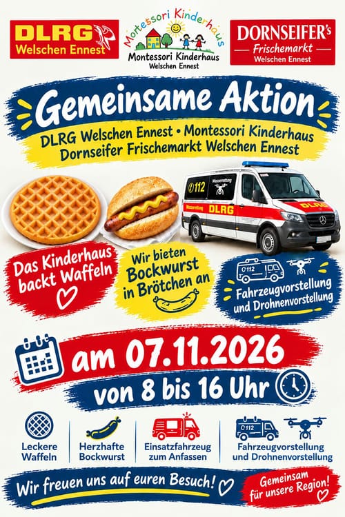 DLRG, Montessori Kinderhaus und Dornseifer: Würstchen, Waffeln, Einsatzfahrzeug und Drohnenvorstellung